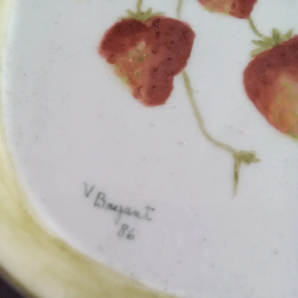 Vintage V Bryant Signed Hand Painted Strawberry Porcelain Trinket Dish 1986